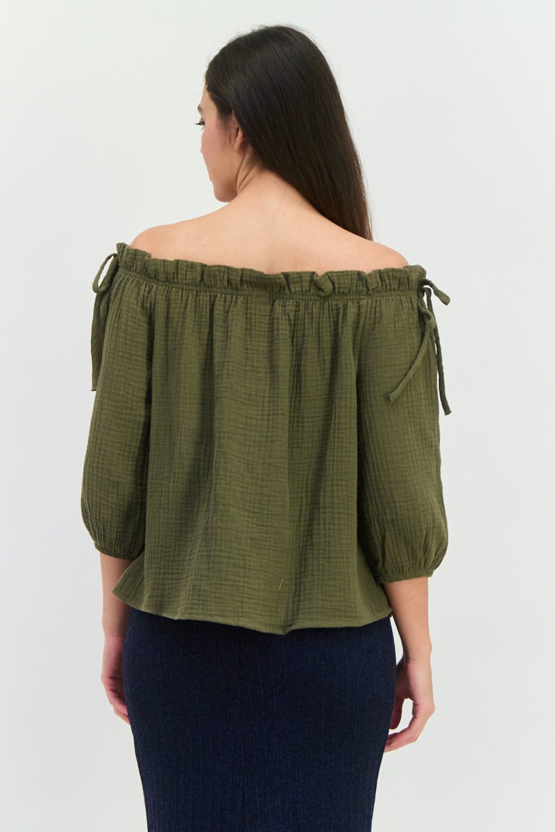 ONLY Women Off Shoulder Neck 3/4 Sleeves Textured Blouse, Olive - Image 3