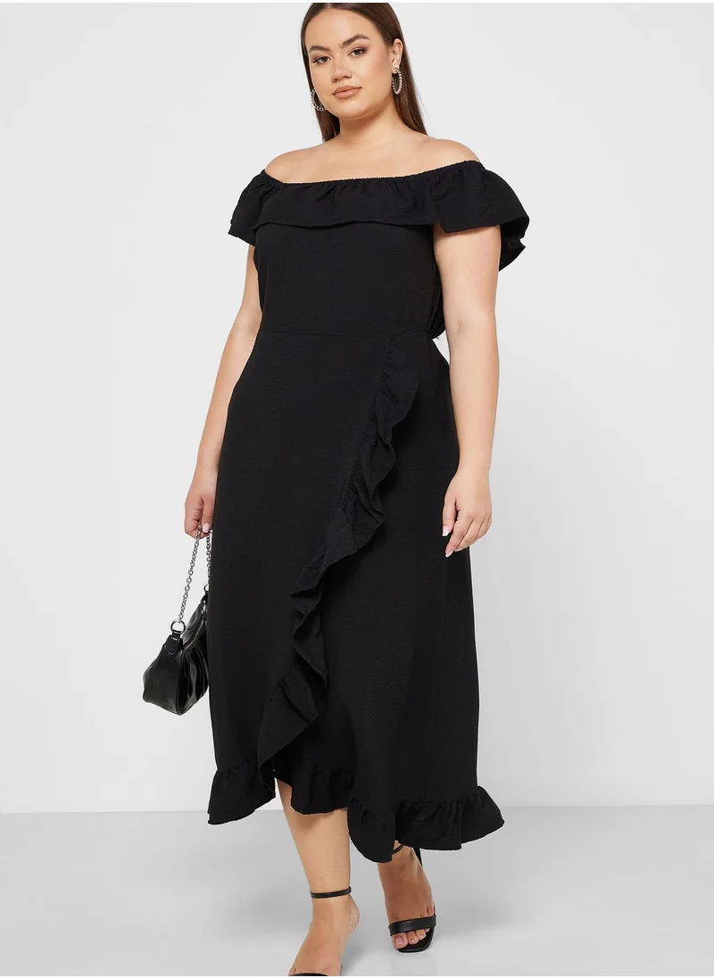 River Island Plus Bardot Waterfall Trim Dress