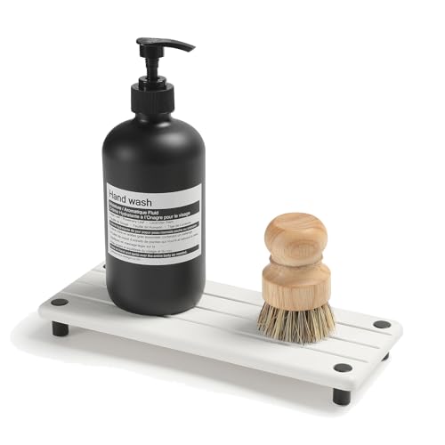 Razborci Instant Dry Sink Caddy Kitchen Sink Organizer, Quick Drying Diatomaceous Earth Stone Sink Tray Sponge Holder Soap Dish, Bathroom Countertop Vanity Dispenser Toothbrush Bottle, White, 10" x 4" - Image 1