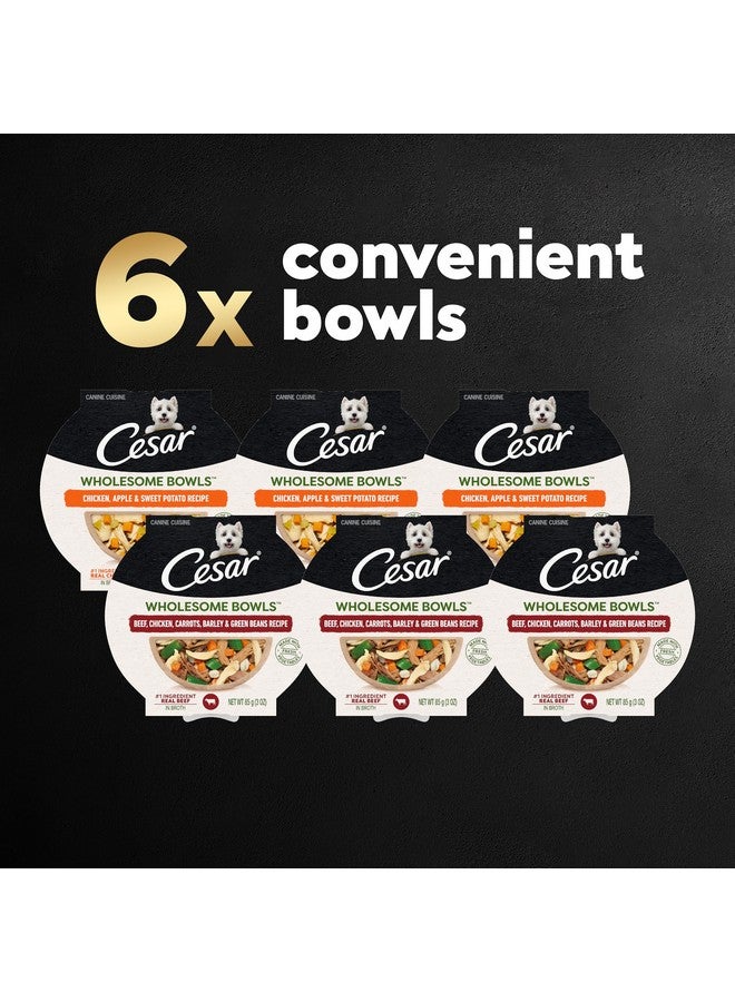 CESAR WHOLESOME BOWLS Adult Soft Wet Dog Food Variety Pack, Beef, Chicken, Carrots, Barley & Green Beans Recipe and Chicken, Apple & Sweet Potato Recipe, (6) 3 oz. Bowls - Image 1