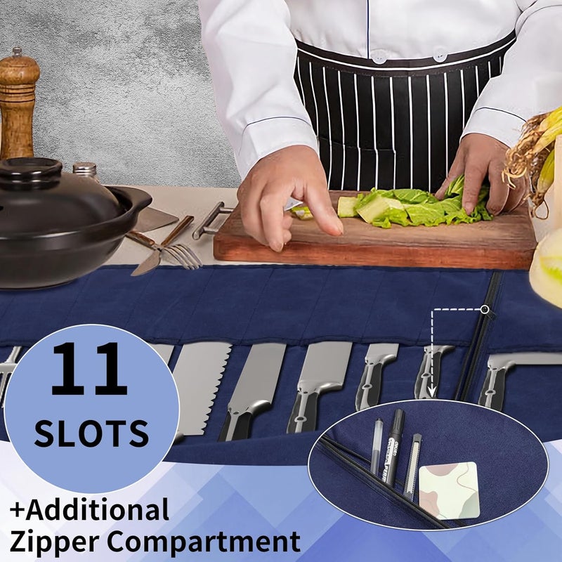 lelezone Knife Roll, Waterproof Waxed Canvas Knife Case Holds Size Up to 18'', Chef Knife Bag with 11 Slots Plus Zipper Pocket, Portable Knife Holder with Adjustable Strap for Kitchen Tools (Blue) - Image 3