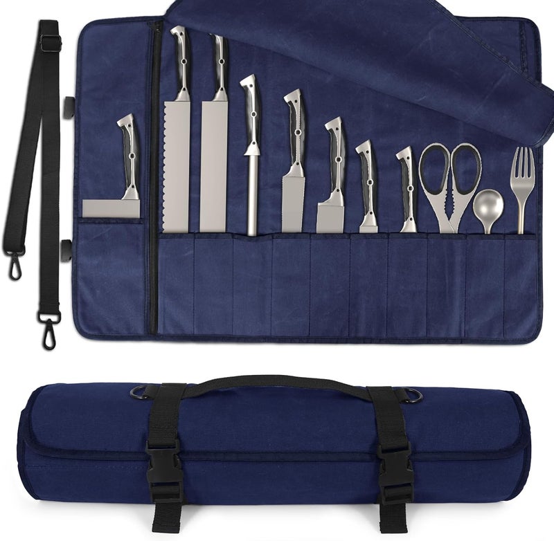 lelezone Knife Roll, Waterproof Waxed Canvas Knife Case Holds Size Up to 18'', Chef Knife Bag with 11 Slots Plus Zipper Pocket, Portable Knife Holder with Adjustable Strap for Kitchen Tools (Blue) - Image 1