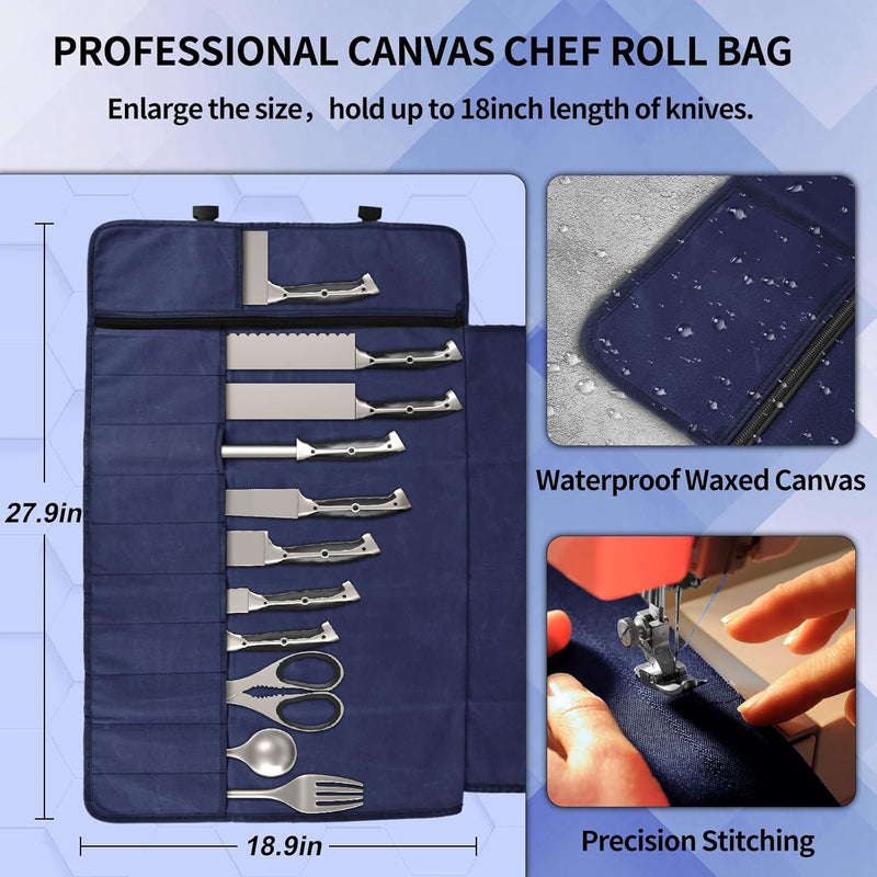 lelezone Knife Roll, Waterproof Waxed Canvas Knife Case Holds Size Up to 18'', Chef Knife Bag with 11 Slots Plus Zipper Pocket, Portable Knife Holder with Adjustable Strap for Kitchen Tools (Blue) - Image 2