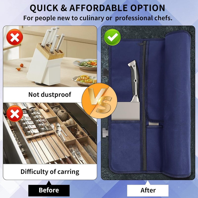 lelezone Knife Roll, Waterproof Waxed Canvas Knife Case Holds Size Up to 18'', Chef Knife Bag with 11 Slots Plus Zipper Pocket, Portable Knife Holder with Adjustable Strap for Kitchen Tools (Blue) - Image 4