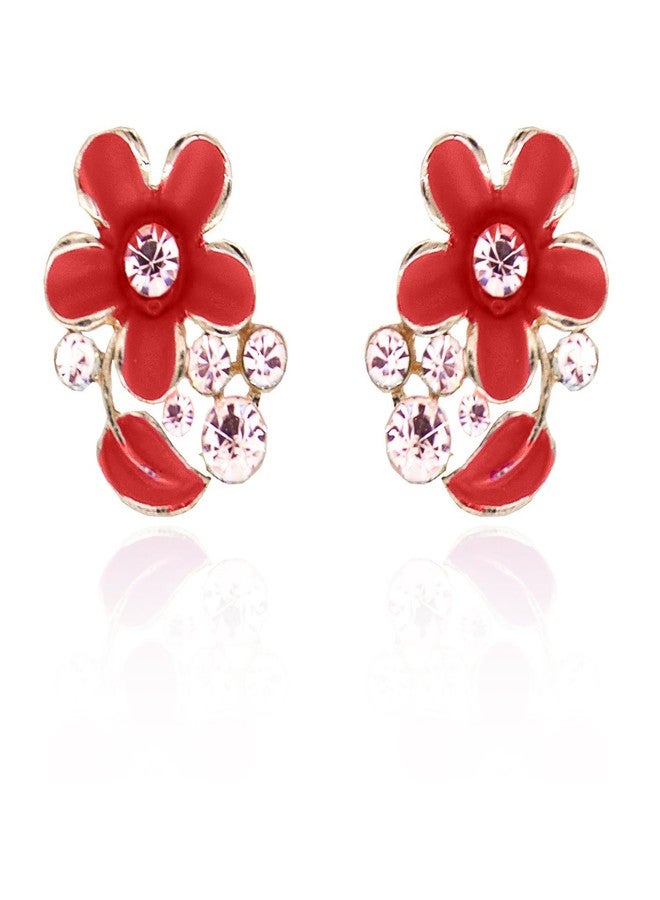 YouBella Jewellery Gold Plated Floral Stud Earrings for Girls and Women (RED)