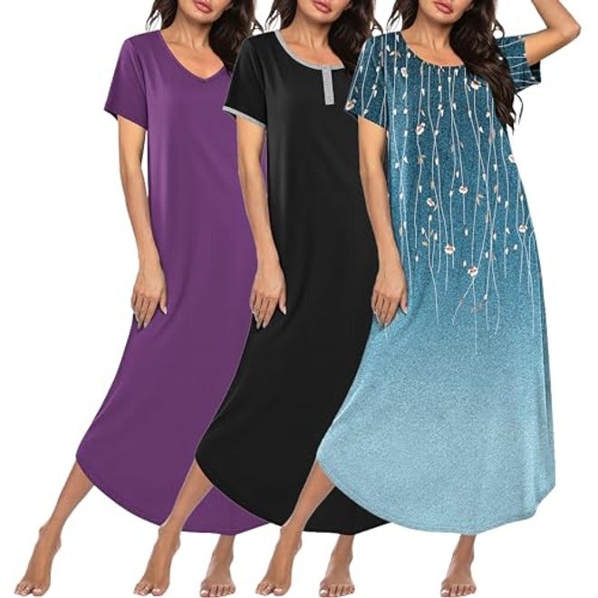 Ekouaer Women's 3-Pack Long Nightgowns Plus Size Soft Moo Moo Sleepwear Short Sleeve House Dress