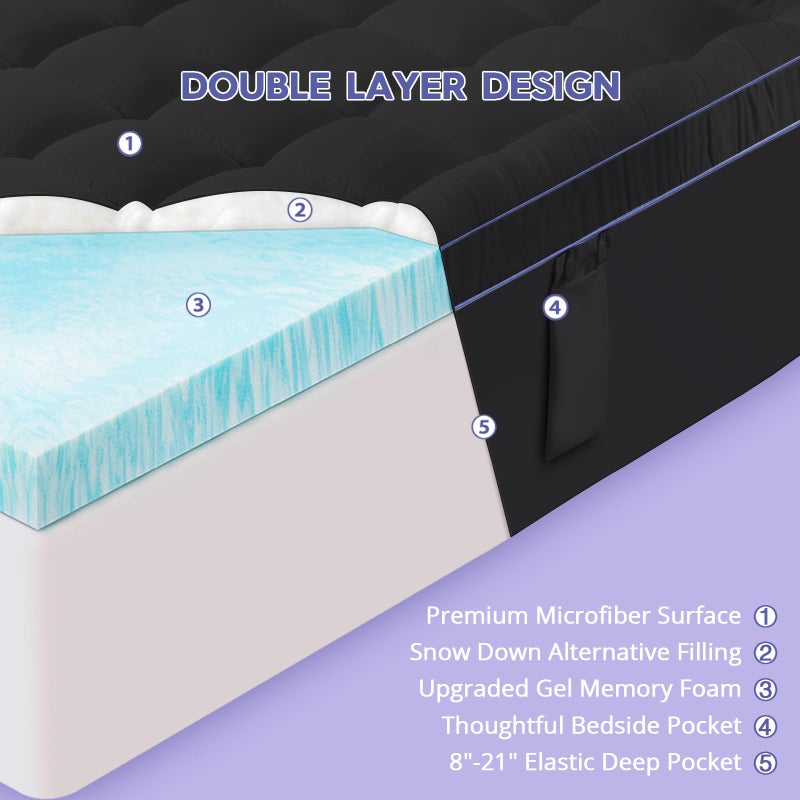ABENE 3 Inch Dual Layer Full Memory Foam Mattress Topper, 2 Inch Memory Foam Plus 1 Inch Down Alternative Pillowtop Mattress Pad with Deep Pocket, Soft Support for Pressure Relief, Black - Image 2