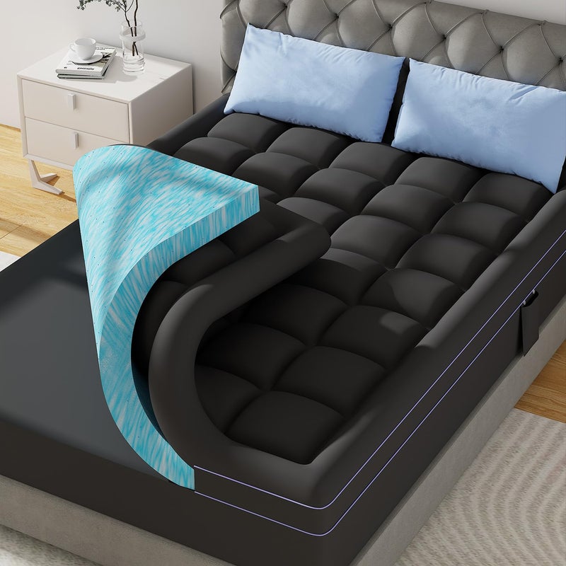 ABENE 3 Inch Dual Layer Full Memory Foam Mattress Topper, 2 Inch Memory Foam Plus 1 Inch Down Alternative Pillowtop Mattress Pad with Deep Pocket, Soft Support for Pressure Relief, Black - Image 1