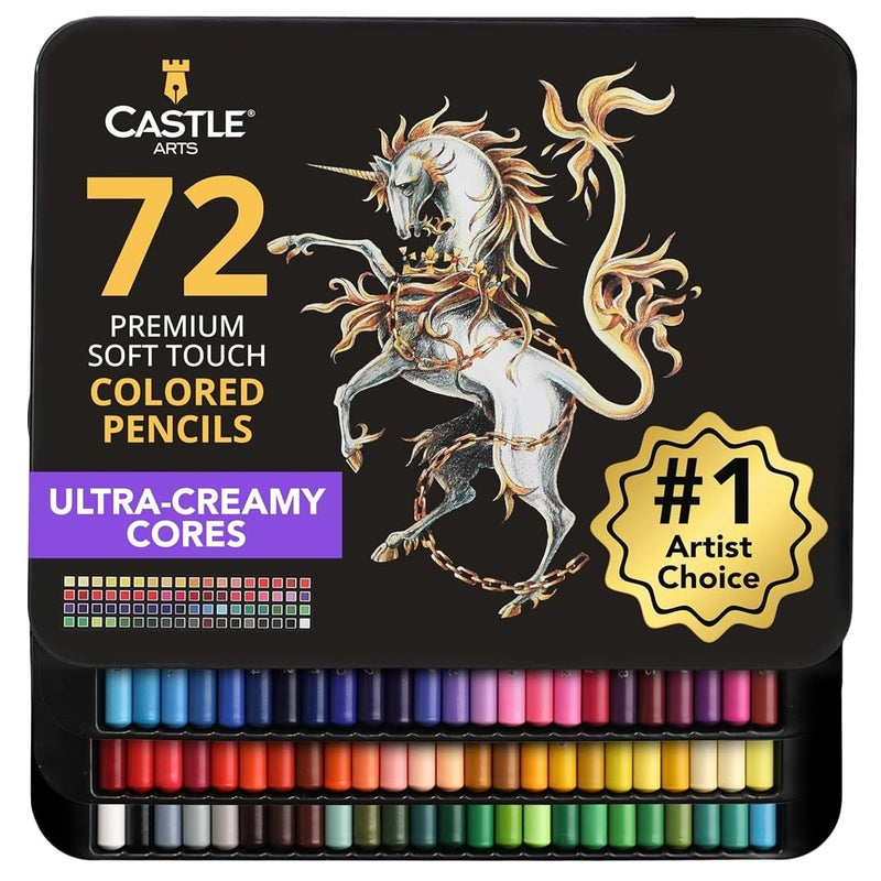 Castle Art Supplies مجموعة أقلام تلوين كاسل آرت | 72 قلب ملون ناعم متميز لفناني البالغين | منظمة في علبة تقديم معدنية - Image 1