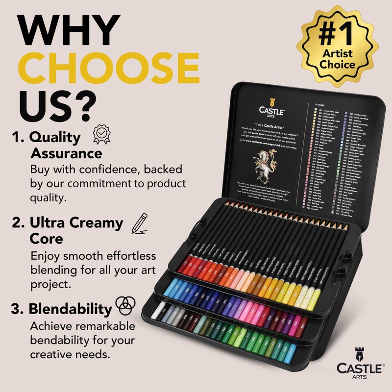 Castle Art Supplies مجموعة أقلام تلوين كاسل آرت | 72 قلب ملون ناعم متميز لفناني البالغين | منظمة في علبة تقديم معدنية - Image 2