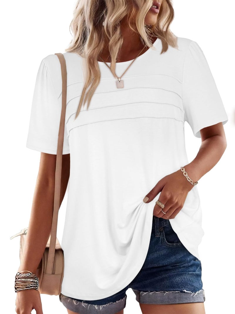 rosemia Short Sleeve Tops Womens T Shirts Blouses Dressy Casual Pleated Front Loose fit Outfits, White Color, XL - Image 3