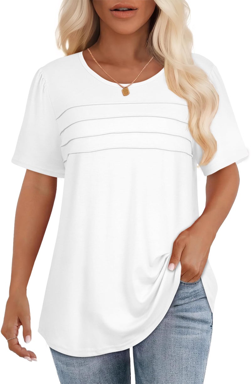 rosemia Short Sleeve Tops Womens T Shirts Blouses Dressy Casual Pleated Front Loose fit Outfits, White Color, XL - Image 1