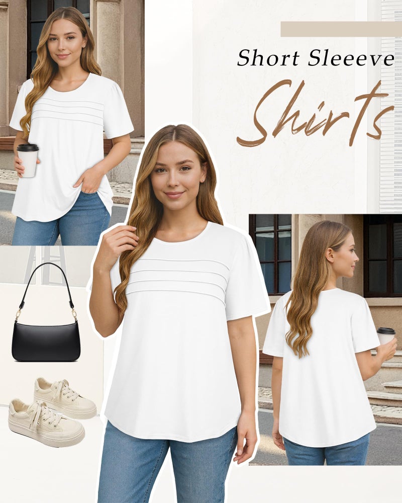 rosemia Short Sleeve Tops Womens T Shirts Blouses Dressy Casual Pleated Front Loose fit Outfits, White Color, XL - Image 4