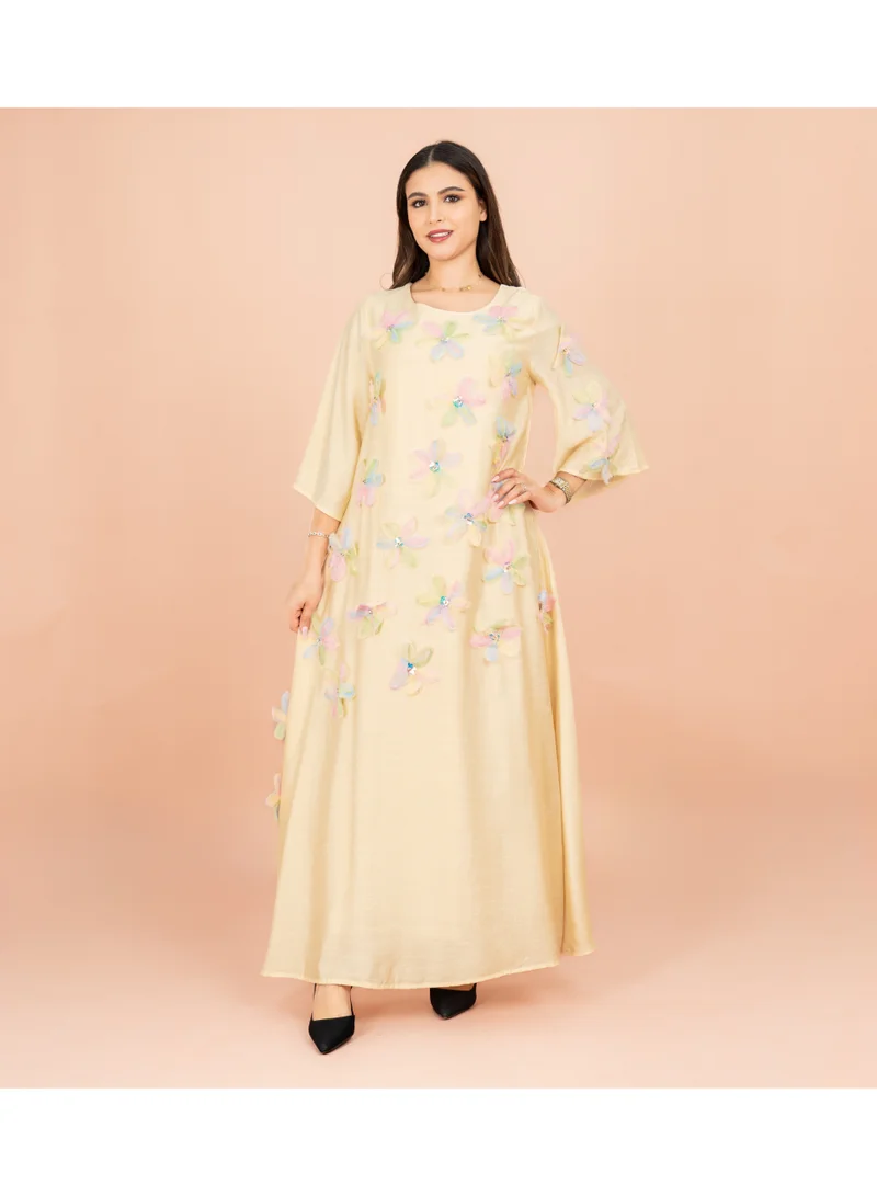 IKKXA Three Dimentional Flowers Crystal Solid Modern Jalabiya IK6028 Beige