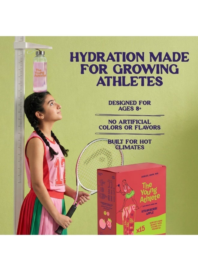 The Young Athlete مسحوق ترطيب الإلكتروليت للرياضيين الشباب - فراولة وتفاح - صوديوم 252 ملغ، بدون سكر، كيتو، 0 سعرات حرارية، خالي من الغلوتين، فيتامين د3 وك2 لصحة العظام - 3.8 جرام × 15 عود - Image 3