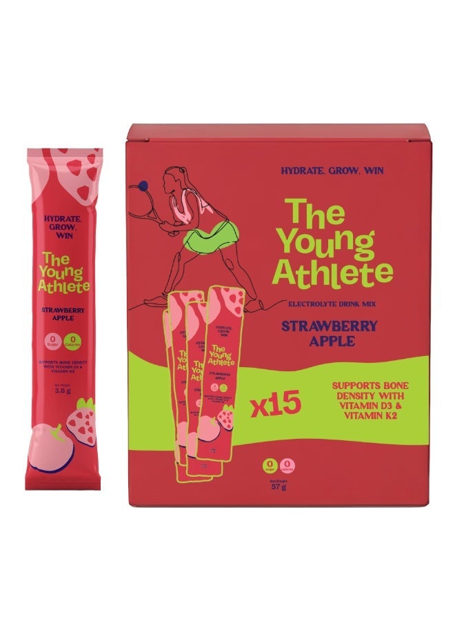 The Young Athlete مسحوق ترطيب الإلكتروليت للرياضيين الشباب - فراولة وتفاح - صوديوم 252 ملغ، بدون سكر، كيتو، 0 سعرات حرارية، خالي من الغلوتين، فيتامين د3 وك2 لصحة العظام - 3.8 جرام × 15 عود - Image 1