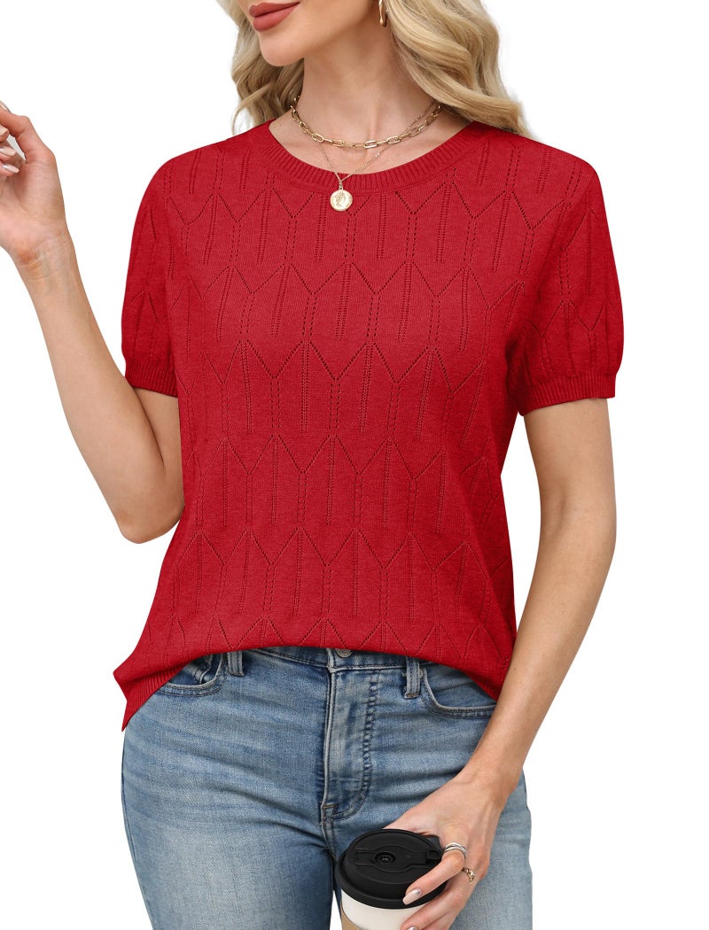 SAMPEEL Sweaters for Women Trendy Short Sleeve T Shirts Loose Fit Work Ladies Tops and Blouses Business Casual Outfits Valentines Red M - Image 3