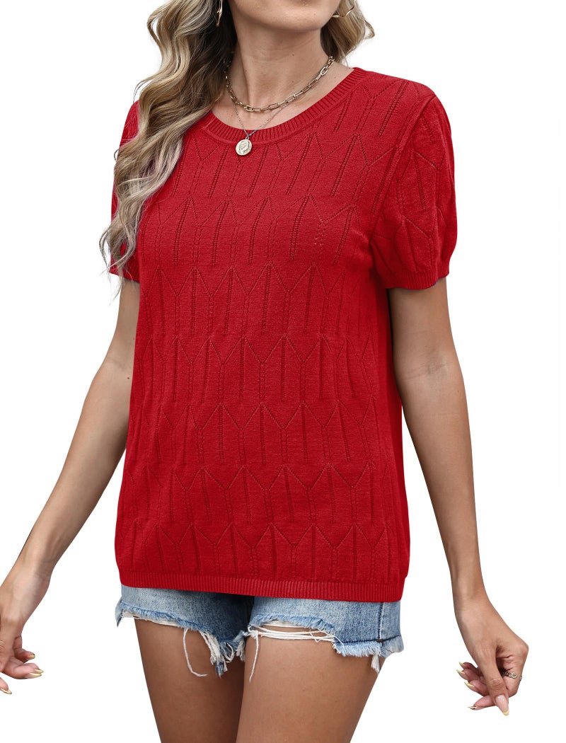SAMPEEL Sweaters for Women Trendy Short Sleeve T Shirts Loose Fit Work Ladies Tops and Blouses Business Casual Outfits Valentines Red M - Image 4