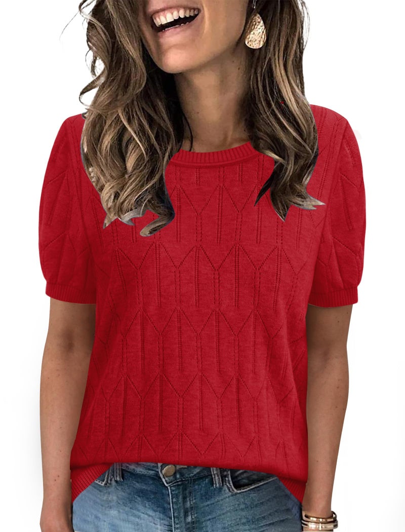 SAMPEEL Sweaters for Women Trendy Short Sleeve T Shirts Loose Fit Work Ladies Tops and Blouses Business Casual Outfits Valentines Red M - Image 1