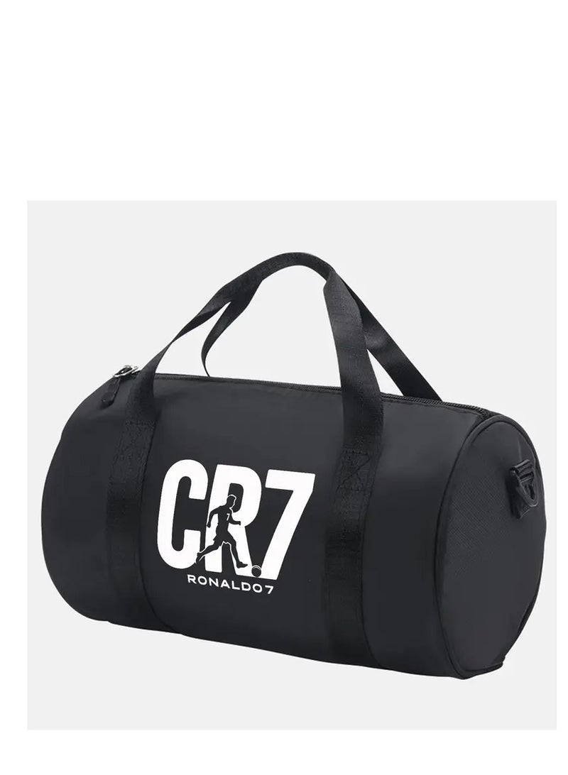 CR7 Sports Duffle Bag, Black Cylindrical Design with Logo, Lightweight Travel Bag with Adjustable Shoulder Strap