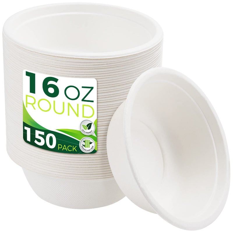 BIRCHIO Paper Bowls 16 oz 150Pack Heavy Duty Disposable Bowls Perfect for Hot Soup and Milk Cereals 100 Compostable and EcoFriendly Made from Bagasse