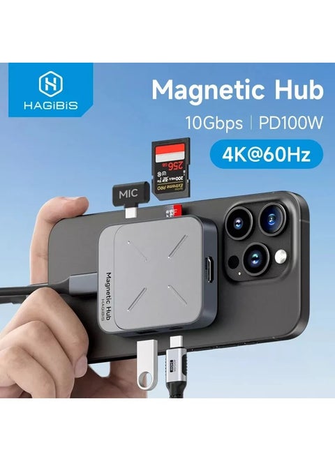 Magnetic USB C Hub with Magsafe for iPhone 16 15 Pro Max, 7 in 1 Type-C Docking Station 4K@60Hz HDMI SD3.0 TF3.0 Card Solt 100W PD 10Gbps USB-C AUX for MacBook Pro Air, iPad Pro (TC100)