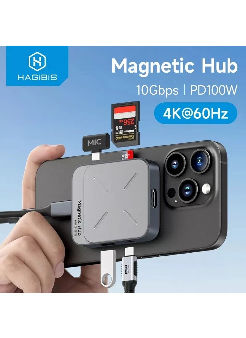 Hagibis - Magnetic USB C Hub with Magsafe for iPhone 16 15 Pro Max, 7 in 1 Type-C Docking Station 4K@60Hz HDMI SD3.0 TF3.0 Card Solt 100W PD 10Gbps USB-C AUX for MacBook Pro Air, iPad Pro (TC100) - Image 1