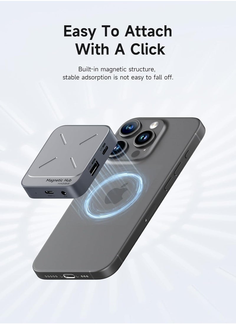 Hagibis - Magnetic USB C Hub with Magsafe for iPhone 16 15 Pro Max, 7 in 1 Type-C Docking Station 4K@60Hz HDMI SD3.0 TF3.0 Card Solt 100W PD 10Gbps USB-C AUX for MacBook Pro Air, iPad Pro (TC100) - Image 1