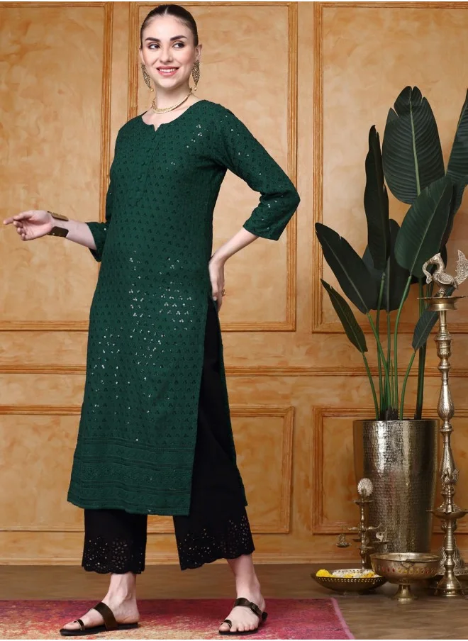 آي شين Aline Fit Self Design Pattern Round Neck Neck Three-Quarter Sleeves GREEN Colour Woven Cotton Kurtas for Women with Semi Elastic Closure - Crafted for Elegance and Ease