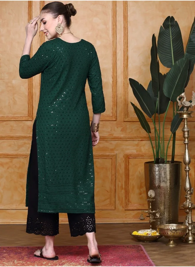 آي شين Aline Fit Self Design Pattern Round Neck Neck Three-Quarter Sleeves GREEN Colour Woven Cotton Kurtas for Women with Semi Elastic Closure - Crafted for Elegance and Ease