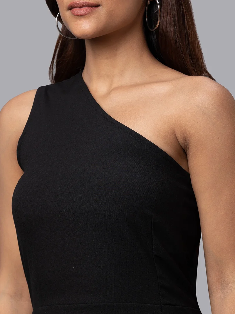 globus Women Black One Shoulder Fringed Sheath Midi Dress