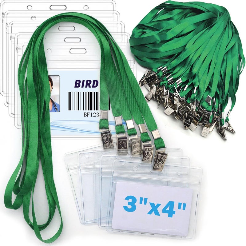 Bird Fiy 4x3 Name Tags Badge Holder with Lanyard 50 Pack Waterproof Horizontal ID Badge Holder and 50 Pcs Lanyards Nametag for Conferences Events and Meetings Green 4 X 3 inches - Image 2