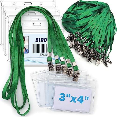 Bird Fiy 4x3 Name Tags Badge Holder with Lanyard 50 Pack Waterproof Horizontal ID Badge Holder and 50 Pcs Lanyards Nametag for Conferences Events and Meetings Green 4 X 3 inches - Image 1