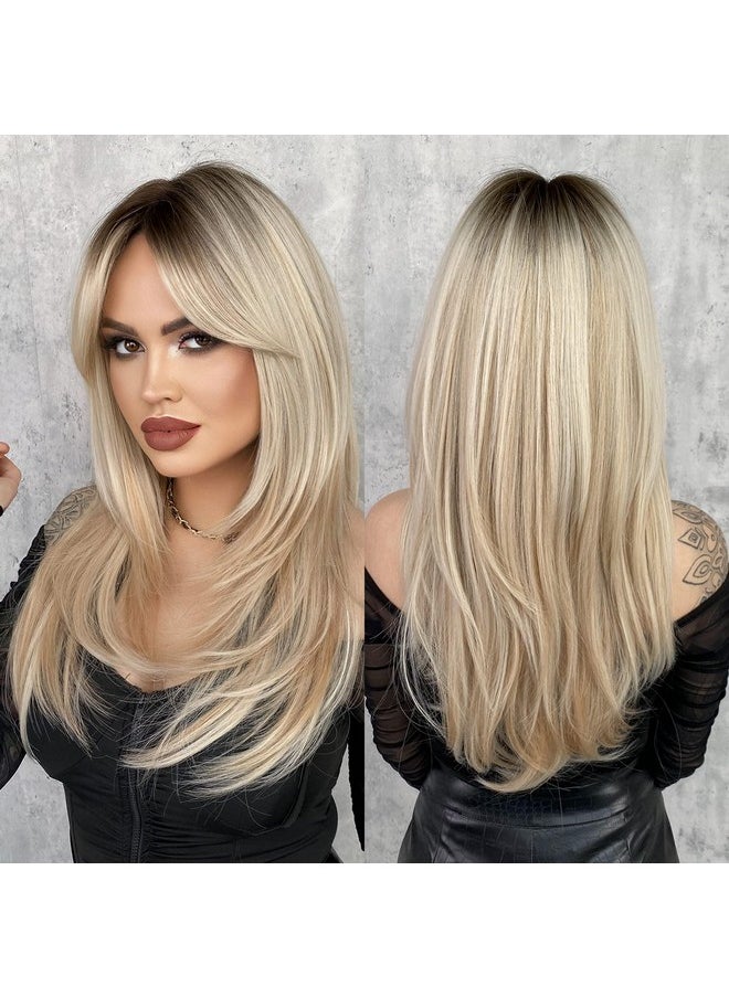 7JHH WIGS - Long Blonde Wig With Bangs For Womenheat Resistant Fiber 25 Inch Layered Synthetic Hair Wigs With Dark Roots For Daily Use - Image 1