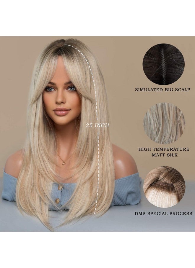 7JHH WIGS - Long Blonde Wig With Bangs For Womenheat Resistant Fiber 25 Inch Layered Synthetic Hair Wigs With Dark Roots For Daily Use - Image 1