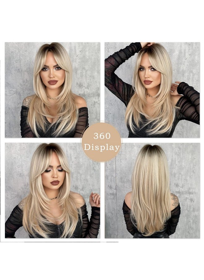 7JHH WIGS - Long Blonde Wig With Bangs For Womenheat Resistant Fiber 25 Inch Layered Synthetic Hair Wigs With Dark Roots For Daily Use - Image 1