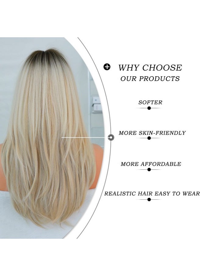7JHH WIGS - Long Blonde Wig With Bangs For Womenheat Resistant Fiber 25 Inch Layered Synthetic Hair Wigs With Dark Roots For Daily Use - Image 1