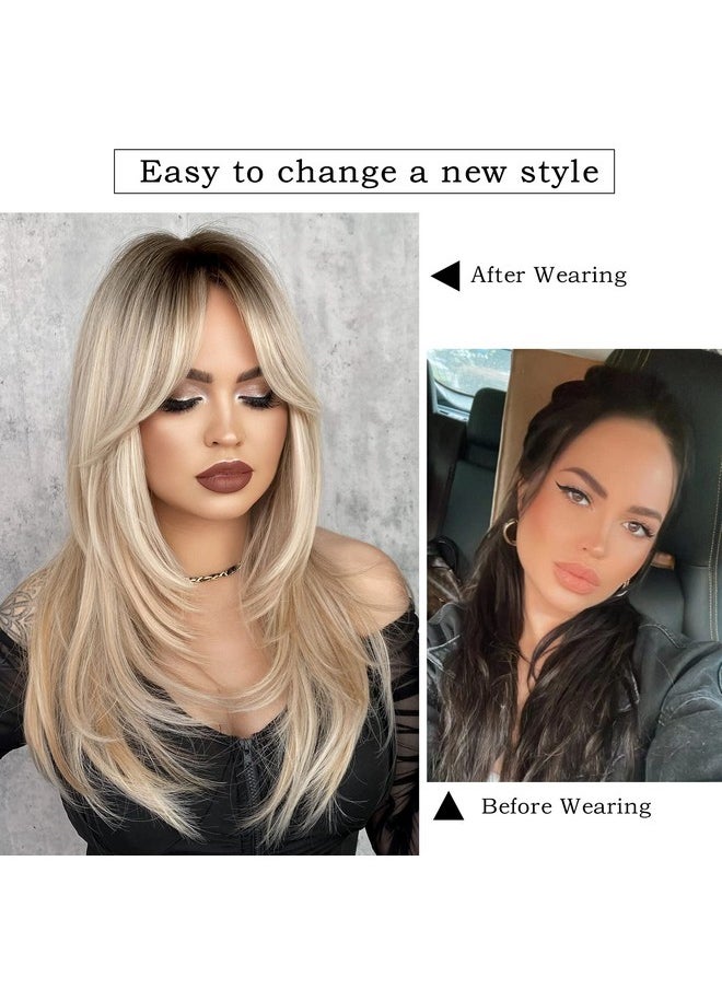 7JHH WIGS - Long Blonde Wig With Bangs For Womenheat Resistant Fiber 25 Inch Layered Synthetic Hair Wigs With Dark Roots For Daily Use - Image 1