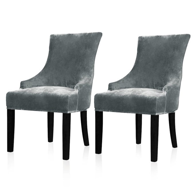 VELVET STRETCH WINGBACK CHAIR COVER SLIPCOVER REUSABLE PROTECTOR COVER FOR DINING ROOM BANQUET HOME DECOR ETC MACHINE WASHABLE HAND WASHABLE CHARCOAL GREY 2PC