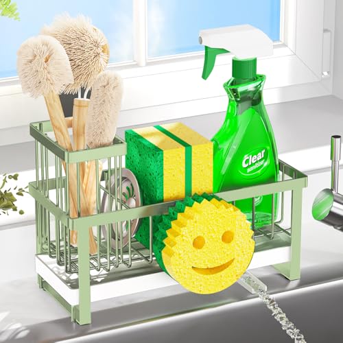 Taugast Sponge Holder for Kitchen Sink,Sink Caddy with Removable Dish Brush Holder,Self-Draining Kitchen Countertop Organizers and Storage Essentials,Soap Dispenser Organize and Home Decor-Green - Image 1