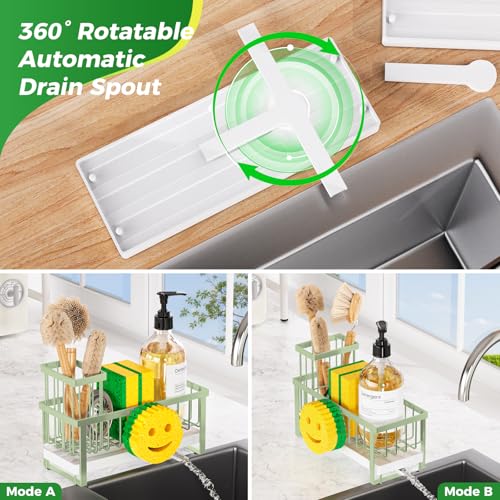 Taugast Sponge Holder for Kitchen Sink,Sink Caddy with Removable Dish Brush Holder,Self-Draining Kitchen Countertop Organizers and Storage Essentials,Soap Dispenser Organize and Home Decor-Green - Image 4