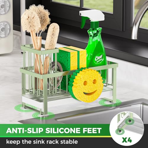Taugast Sponge Holder for Kitchen Sink,Sink Caddy with Removable Dish Brush Holder,Self-Draining Kitchen Countertop Organizers and Storage Essentials,Soap Dispenser Organize and Home Decor-Green - Image 3