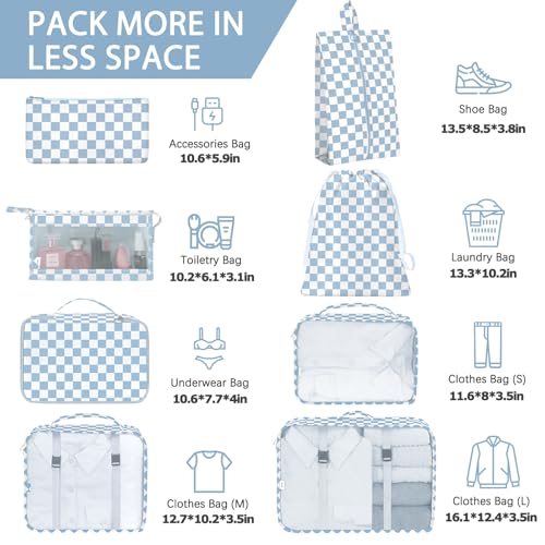 KPX 8 Set Packing Cubes for Travel Luggage Packing Organizers Accessories Large Toiletries Bag for Clothes Shoes Cosmetics Blue Checkered - Image 3