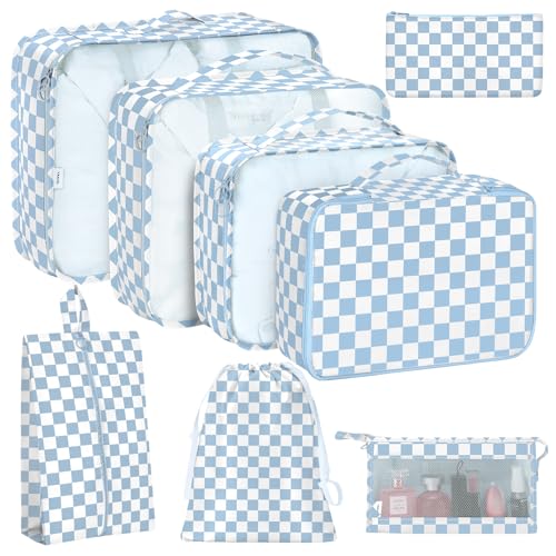 KPX 8 Set Packing Cubes for Travel Luggage Packing Organizers Accessories Large Toiletries Bag for Clothes Shoes Cosmetics Blue Checkered - Image 1