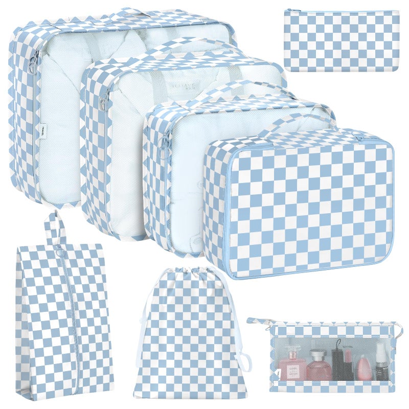 KPX 8 Set Packing Cubes for Travel Luggage Packing Organizers Accessories Large Toiletries Bag for Clothes Shoes Cosmetics Blue Checkered - Image 2