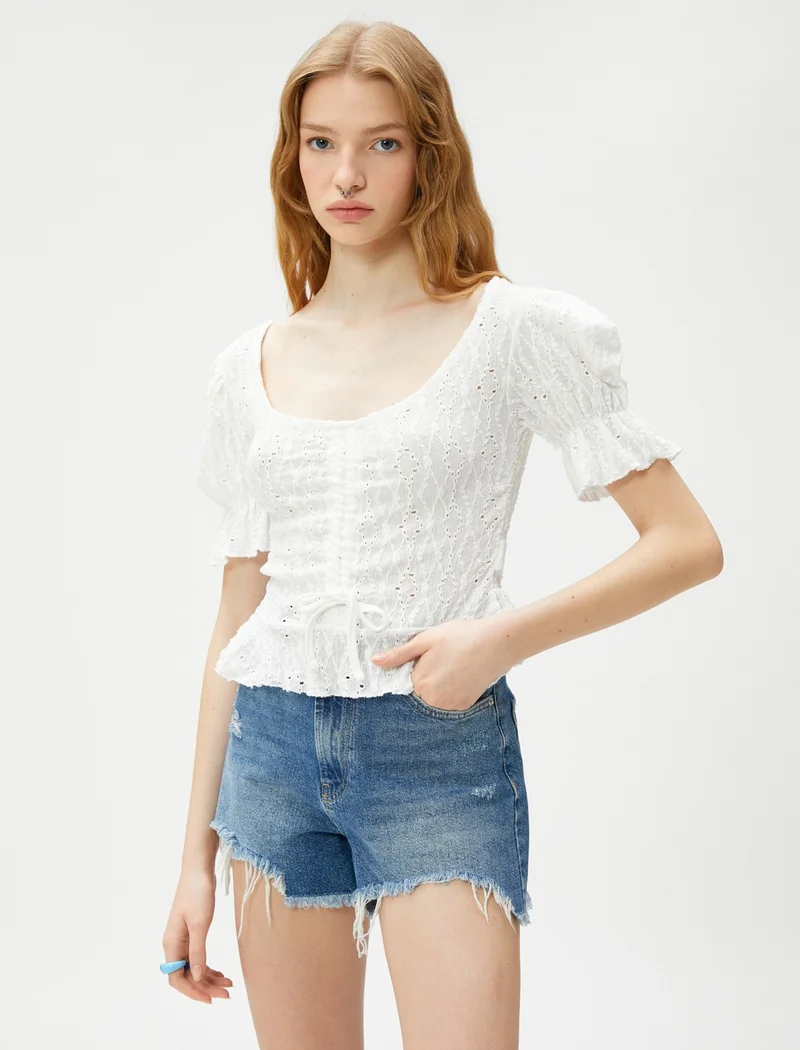 كوتون 3Sal10162Ik 010 Ecru Young Girl Jersey Short Sleeve Crew Neck T-Shirt