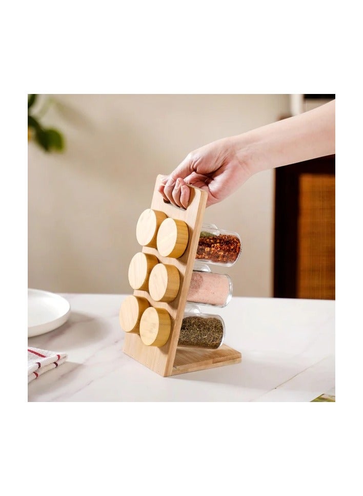 Earss Wooden Spice Rack with Glass Jars – 6 Glass Jars Set with Bamboo Lids, Organizer for Herbs, Seasonings & Kitchen Counter Storage - Image 2
