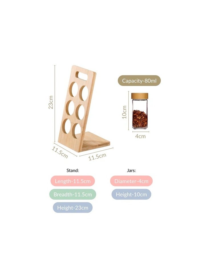 Earss Wooden Spice Rack with Glass Jars – 6 Glass Jars Set with Bamboo Lids, Organizer for Herbs, Seasonings & Kitchen Counter Storage - Image 3