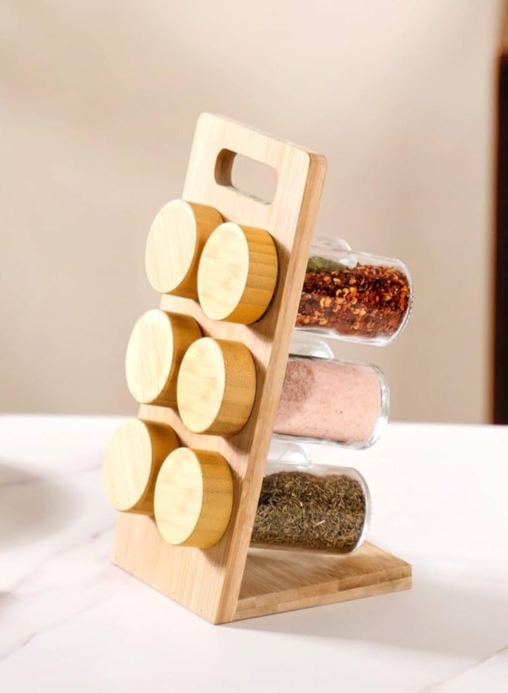 Earss Wooden Spice Rack with Glass Jars – 6 Glass Jars Set with Bamboo Lids, Organizer for Herbs, Seasonings & Kitchen Counter Storage - Image 4