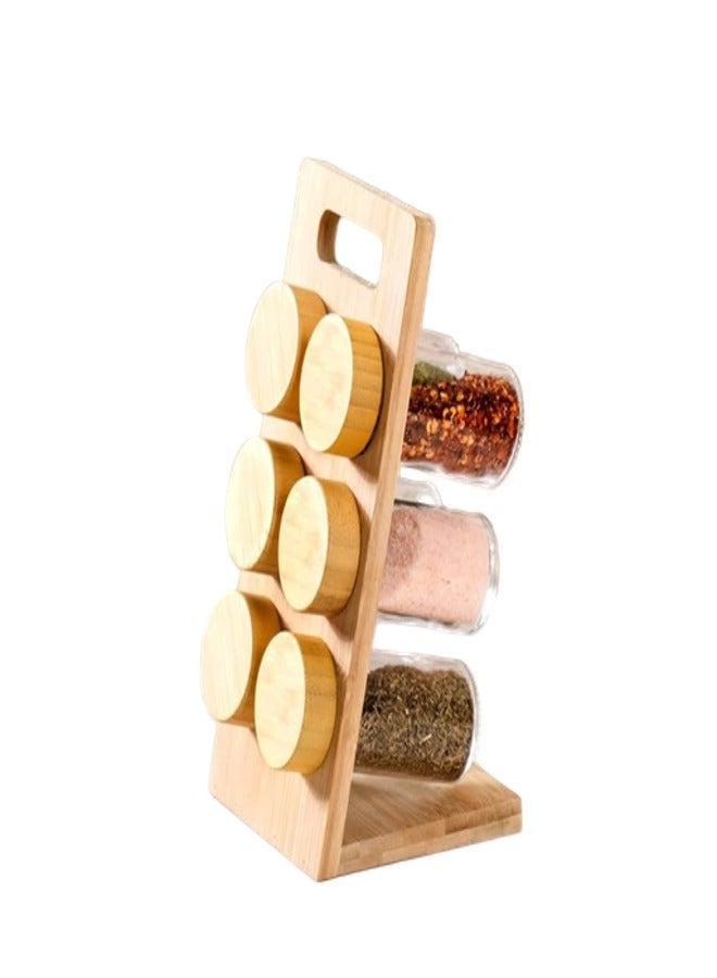 Earss Wooden Spice Rack with Glass Jars – 6 Glass Jars Set with Bamboo Lids, Organizer for Herbs, Seasonings & Kitchen Counter Storage - Image 1